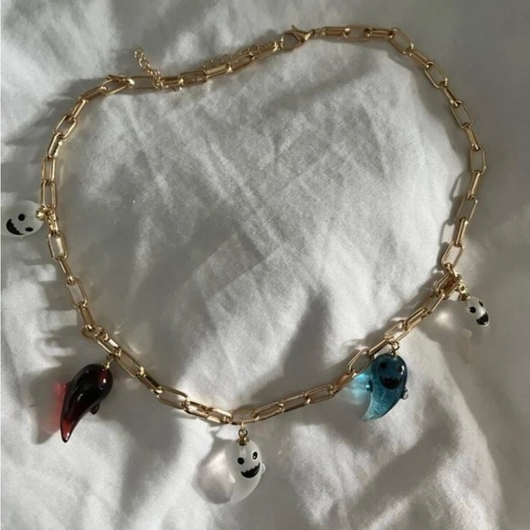 “Happy Lil Ghost” Multicolor Glass Whimsy Halloween Goth Spirit Spectre Necklace - Picture 6 of 7